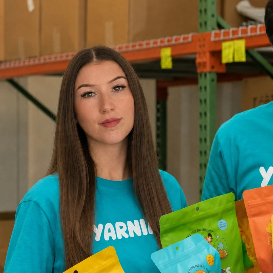 Kiara, a Yarnia társalapítója a raktárban a készletekkel