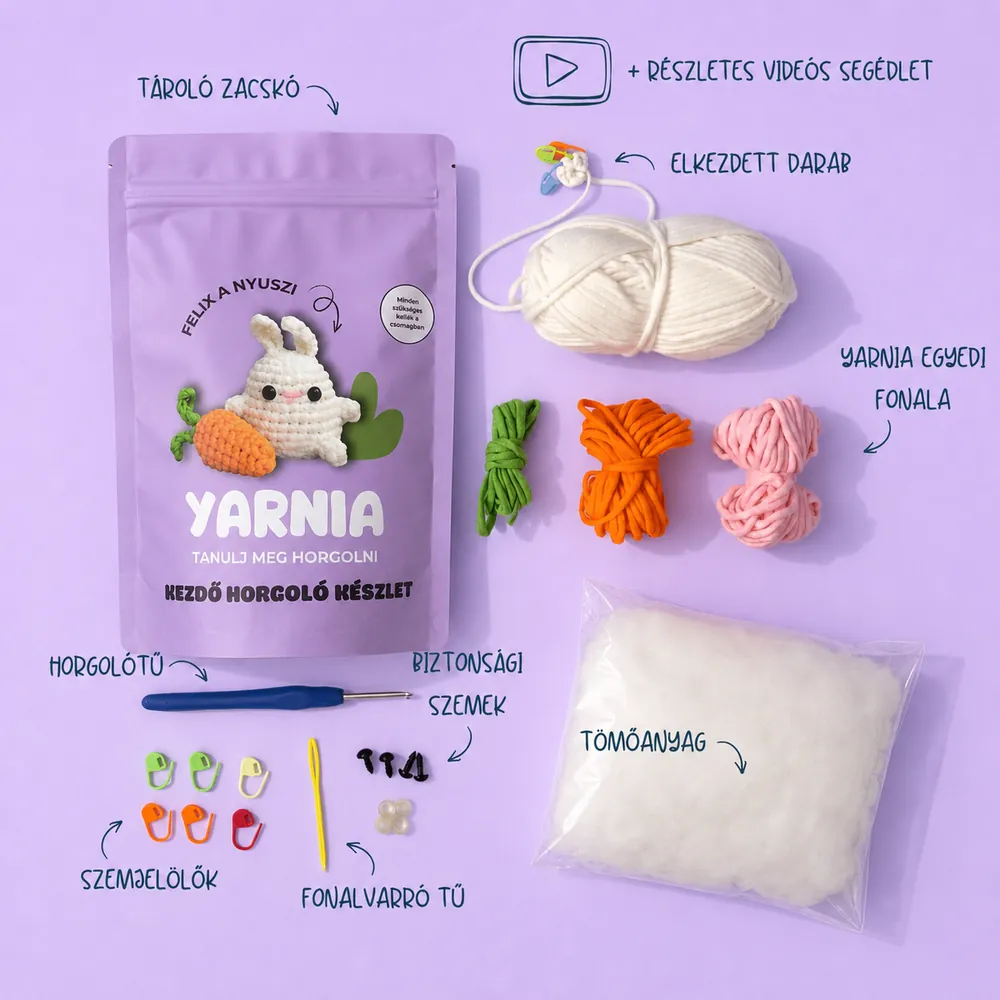 A Yarnia kezdőkészlet tartalma: fonal, horgolótű, szemjelölők, tömőanyag, biztonsági szemek